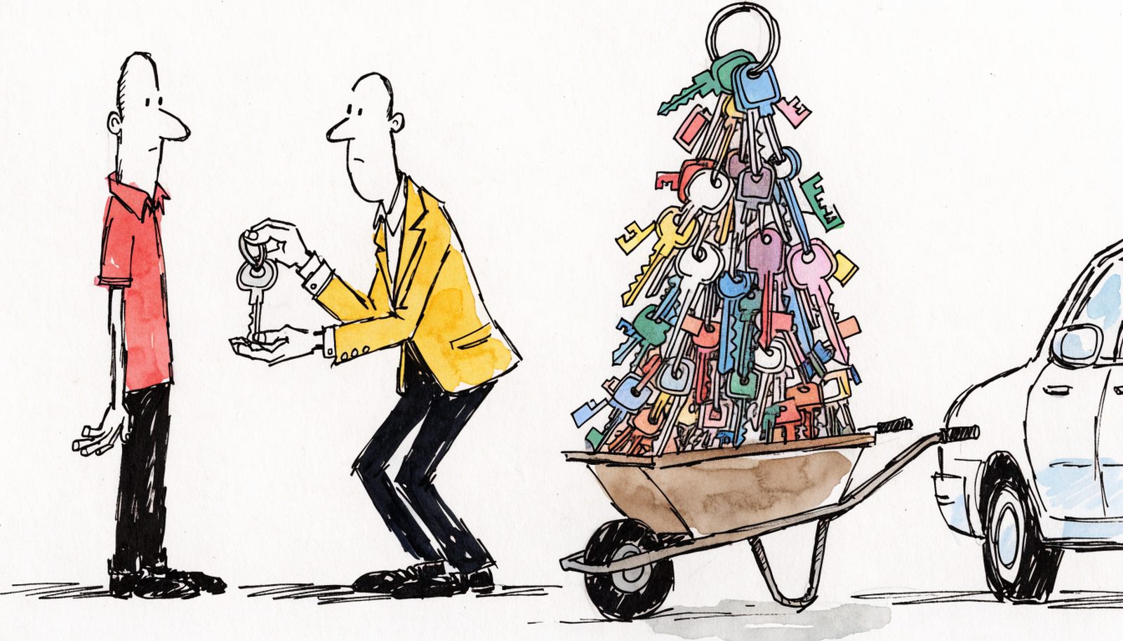 A car salesman handing a customer one small key attached to an enormous bunch of keys carried in a wheelbarrow