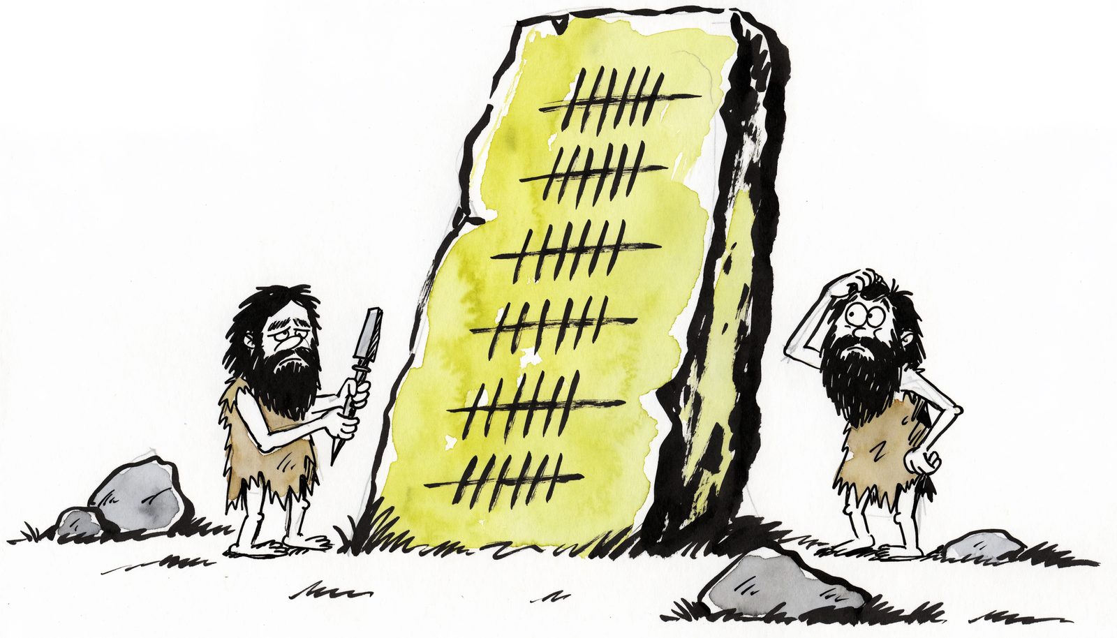Two cavemen in front of a stone slab covered in a very long column of tally marks