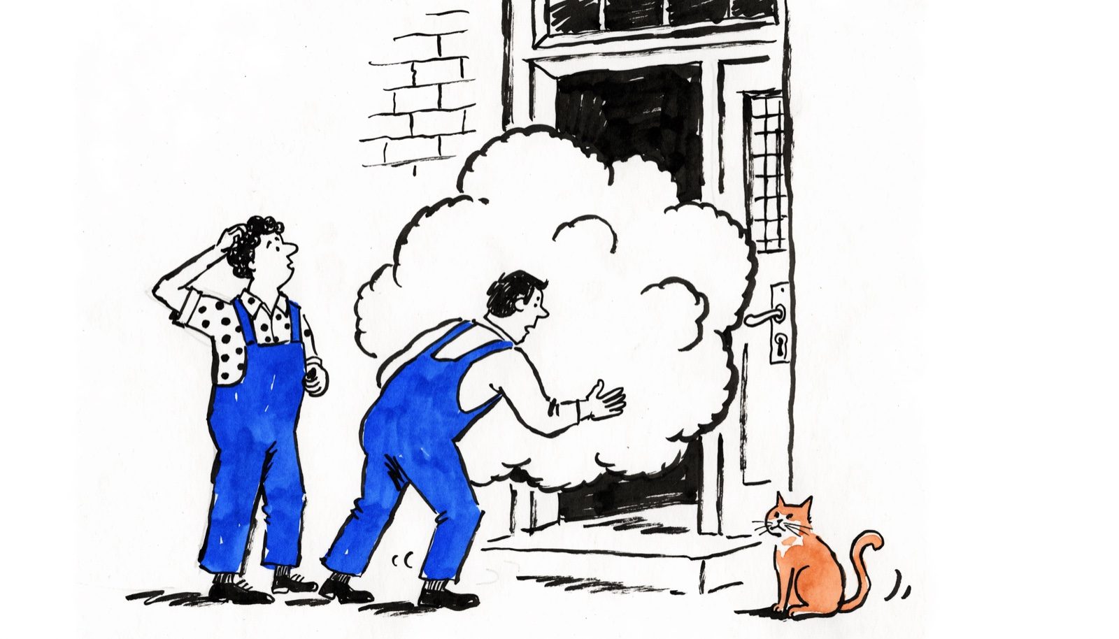 Two removal men trying to carry an enormous cloud through an ordinary front door, watched by a cat