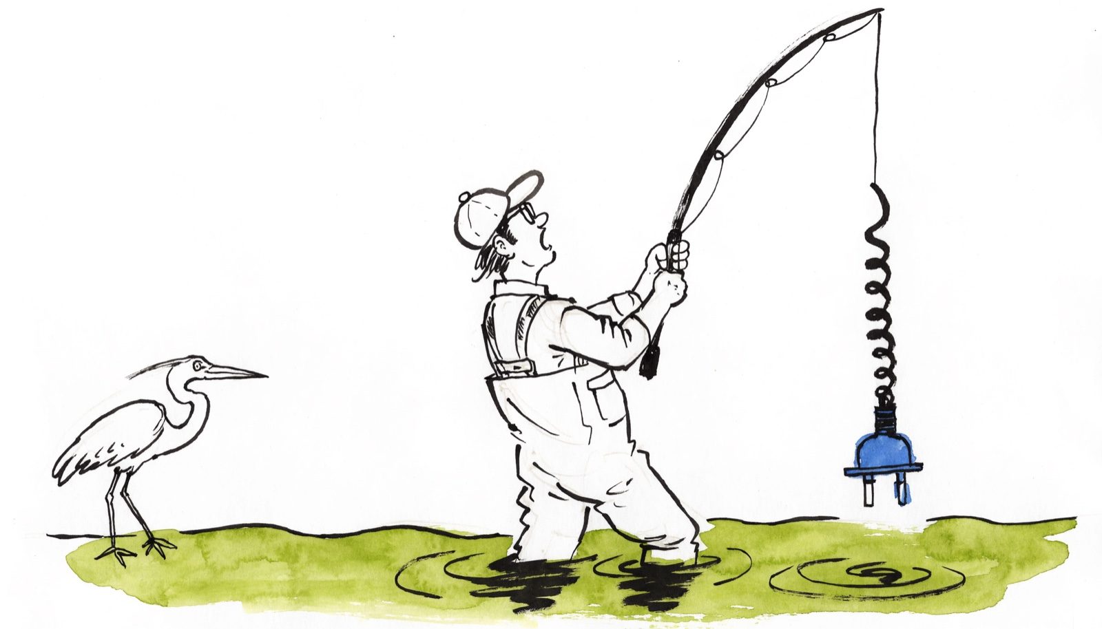 A fly fisherman standing in a river reeling in an ordinary electrical plug, watched by a heron