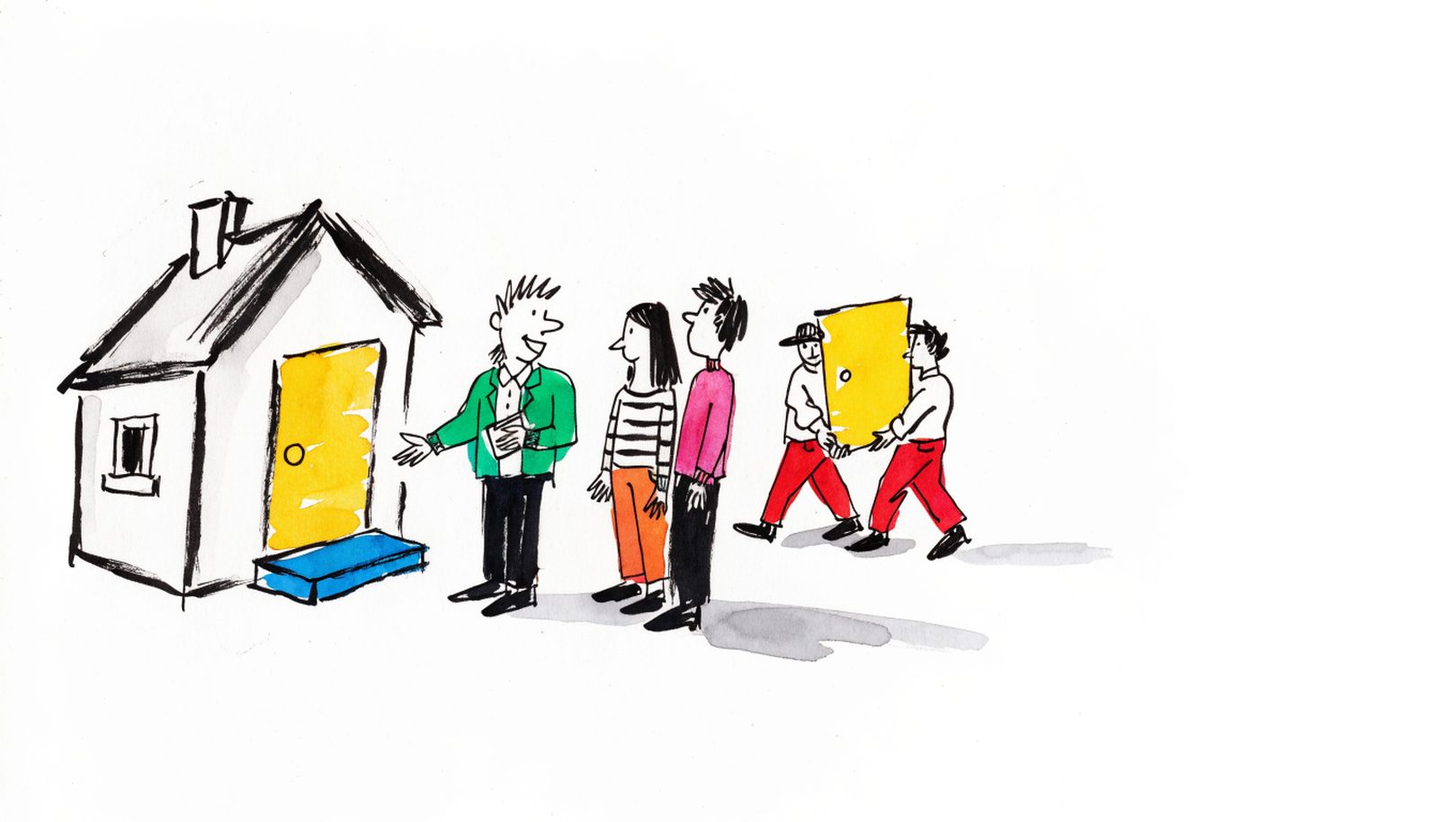 An estate agent showing a couple a house while two removal men carry its front door away behind them