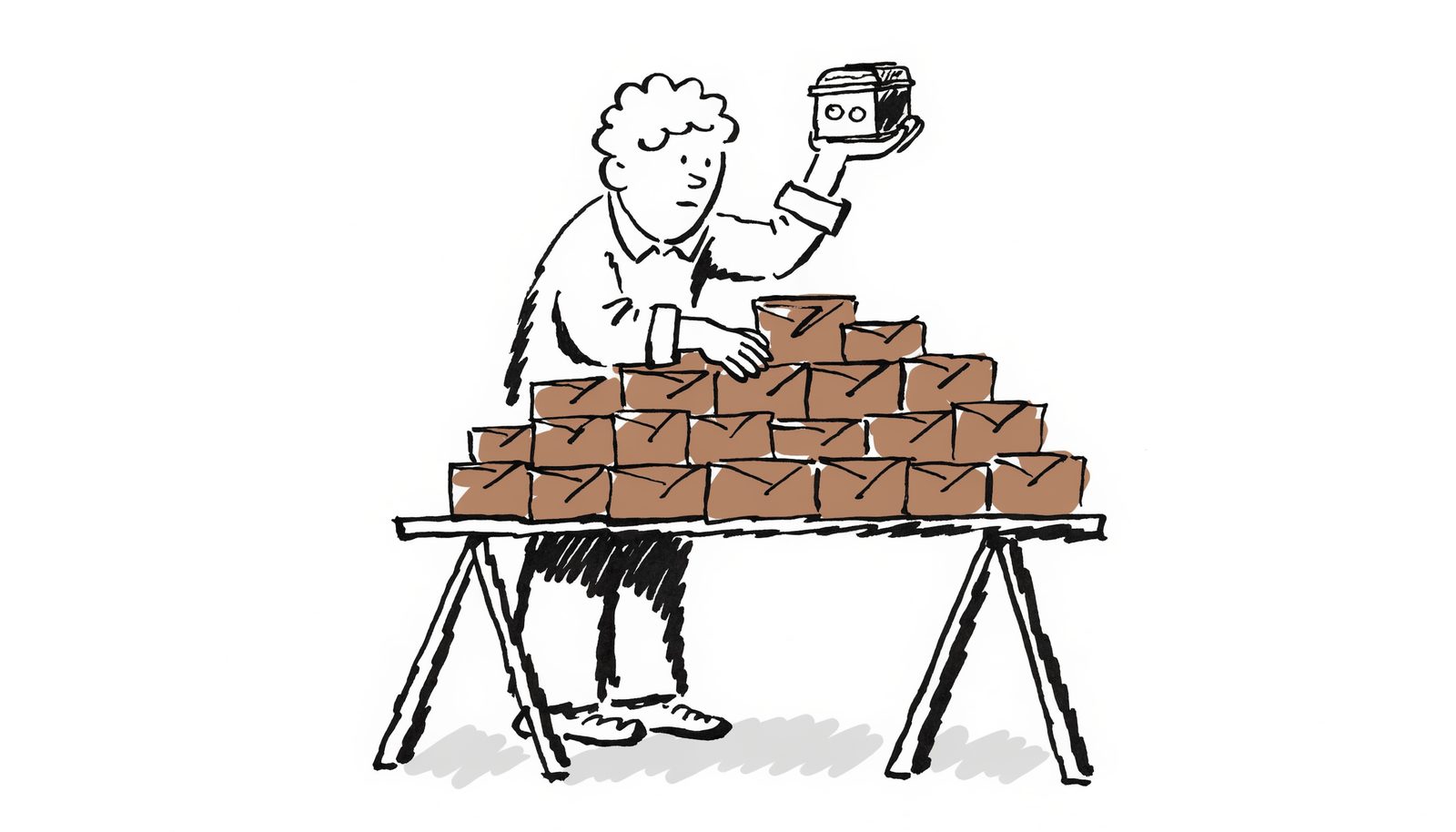A volunteer behind a jumble sale table piled with identical wrapped parcels, holding up one very small tin