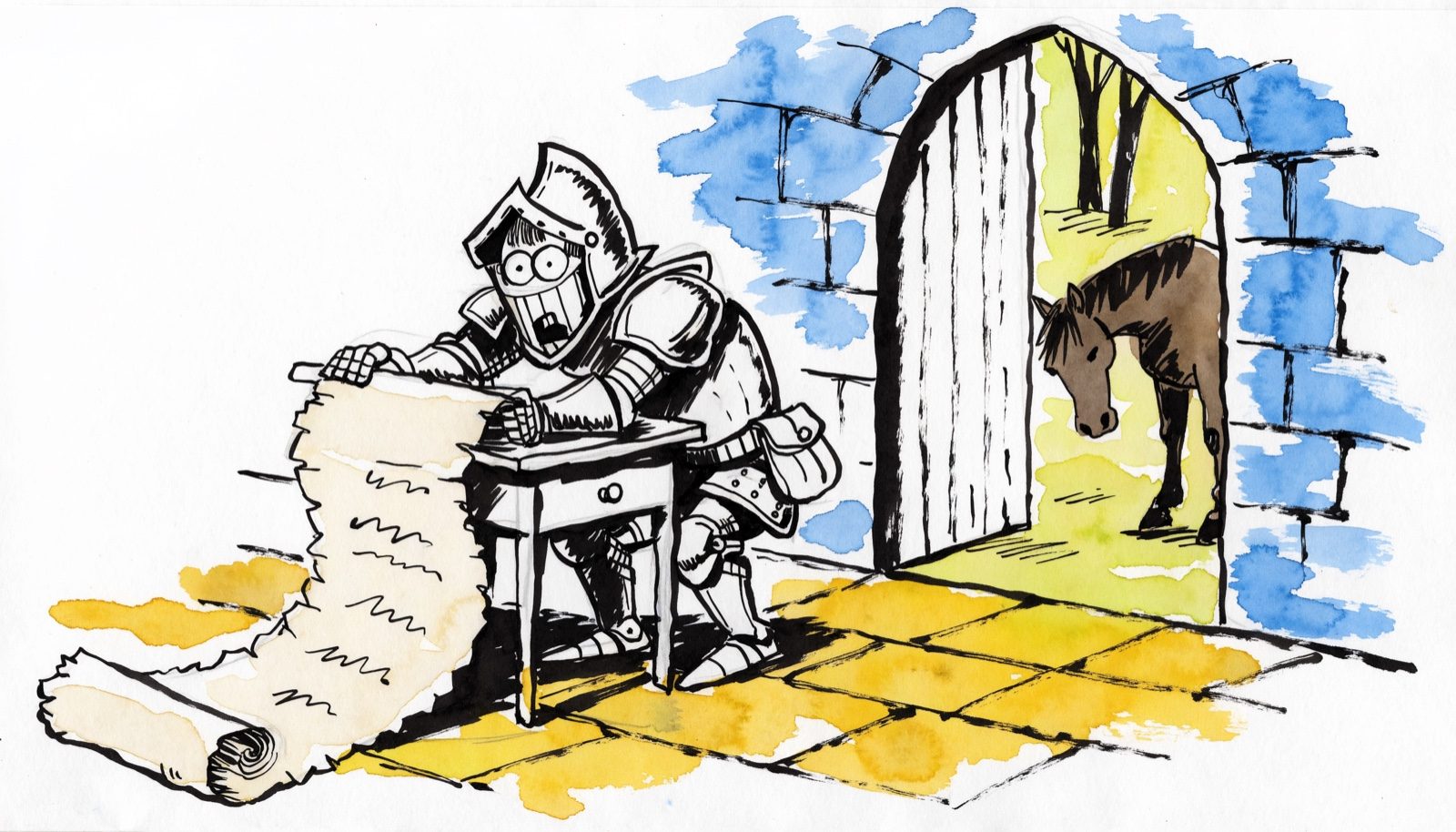 A knight at a small desk wrestling with a scroll that unrolls out through the doorway