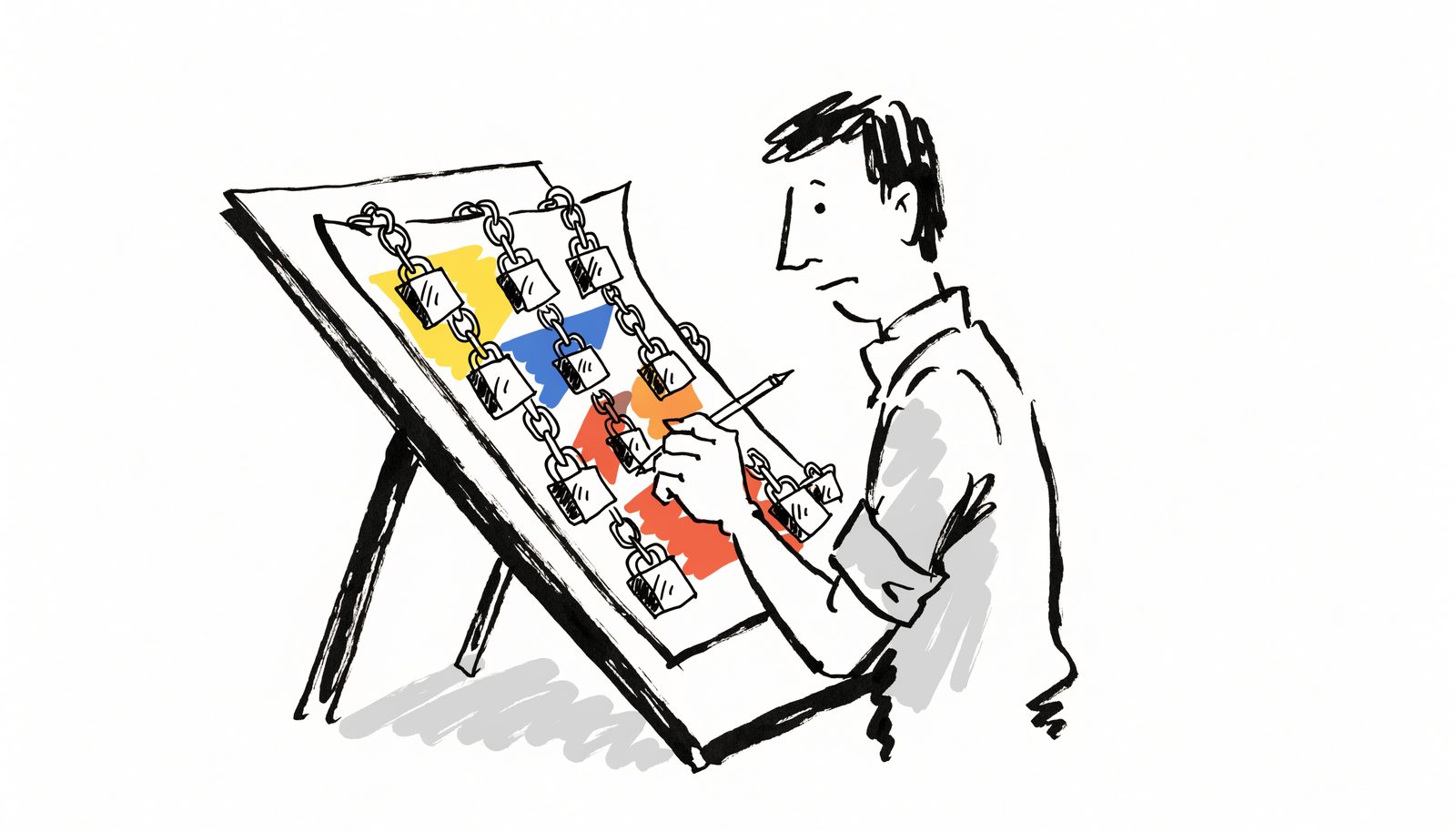An architect at a drawing board whose drawing is chained and padlocked to the board
