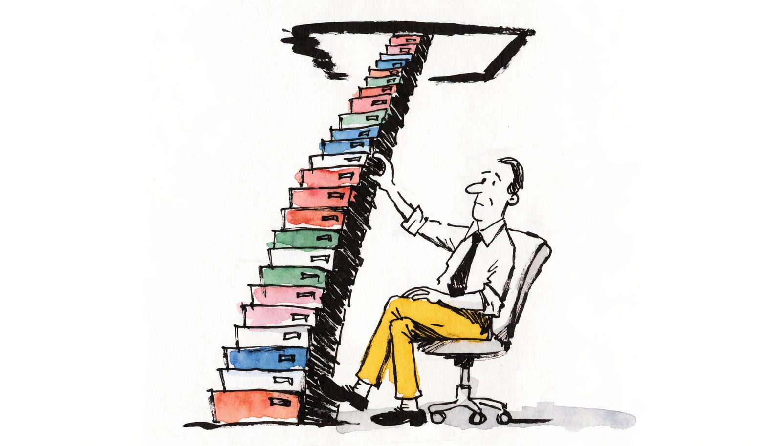 A man in an office chair calmly adding another tray to a stack of filing trays that runs up out of the frame