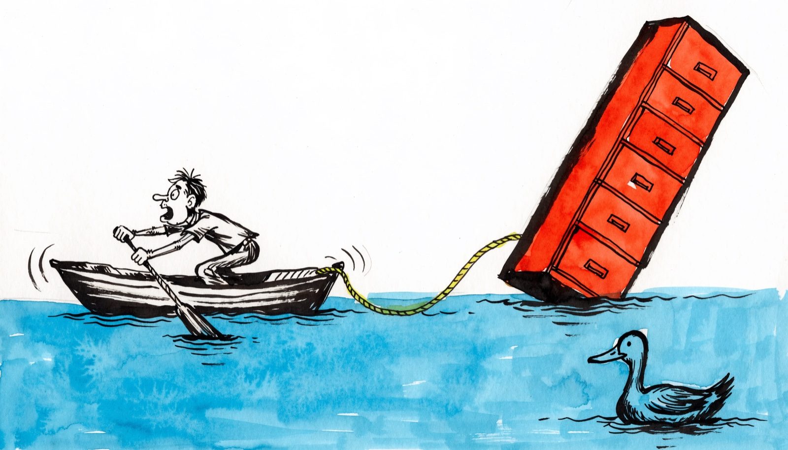 A man in a rowing boat towing an enormous filing cabinet across a lake, watched by a duck
