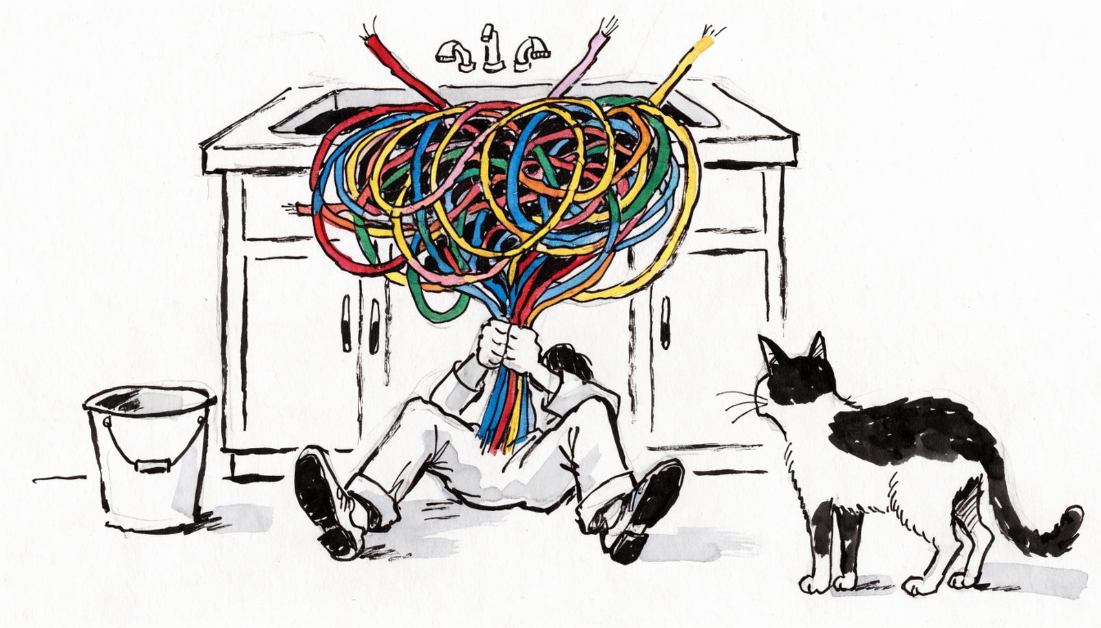 A plumber lying under a kitchen sink pulling out a tangle of brightly coloured cables instead of a pipe, watched by a cat