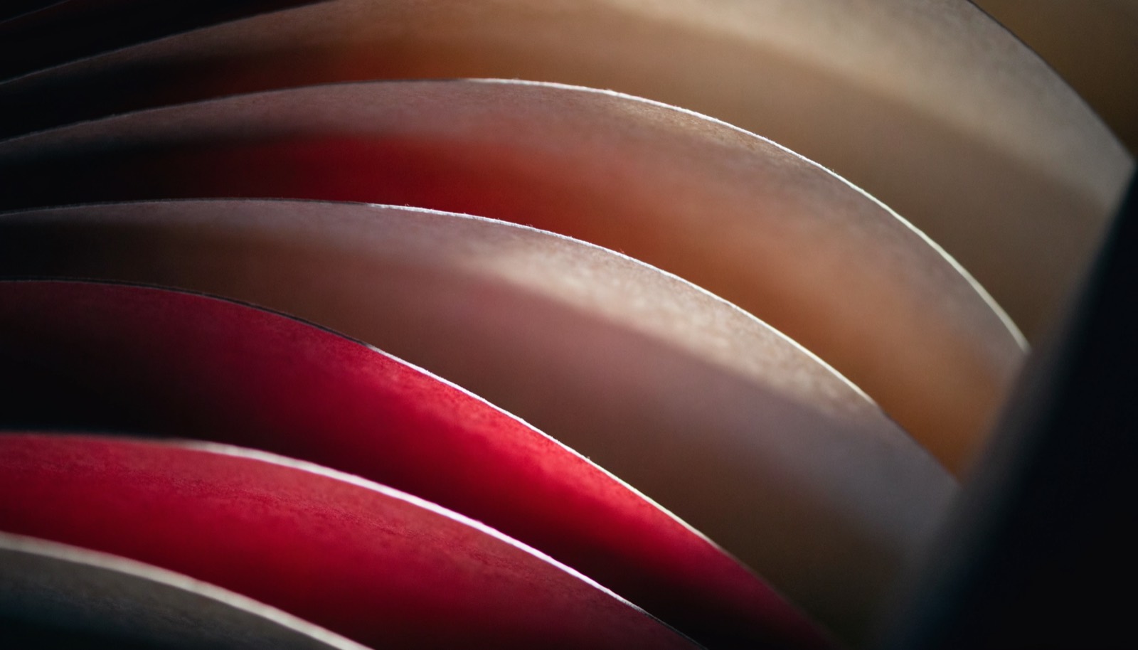 Overlapping crimson and bone paper edges, fanned like a deck and lit by one hard light.